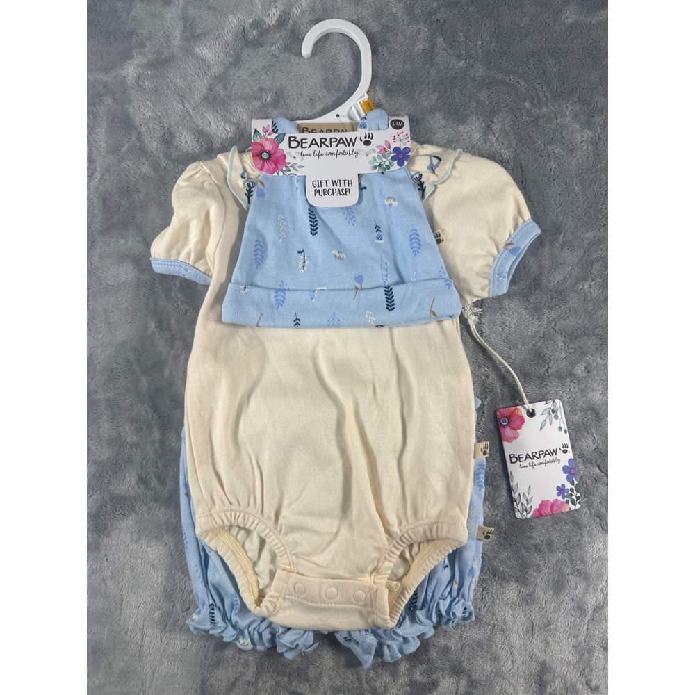Bearpaw Baby Girls 3 Piece Bodysuit Bloomer and‎ Hat Set Blue Cream 3/6M NWT